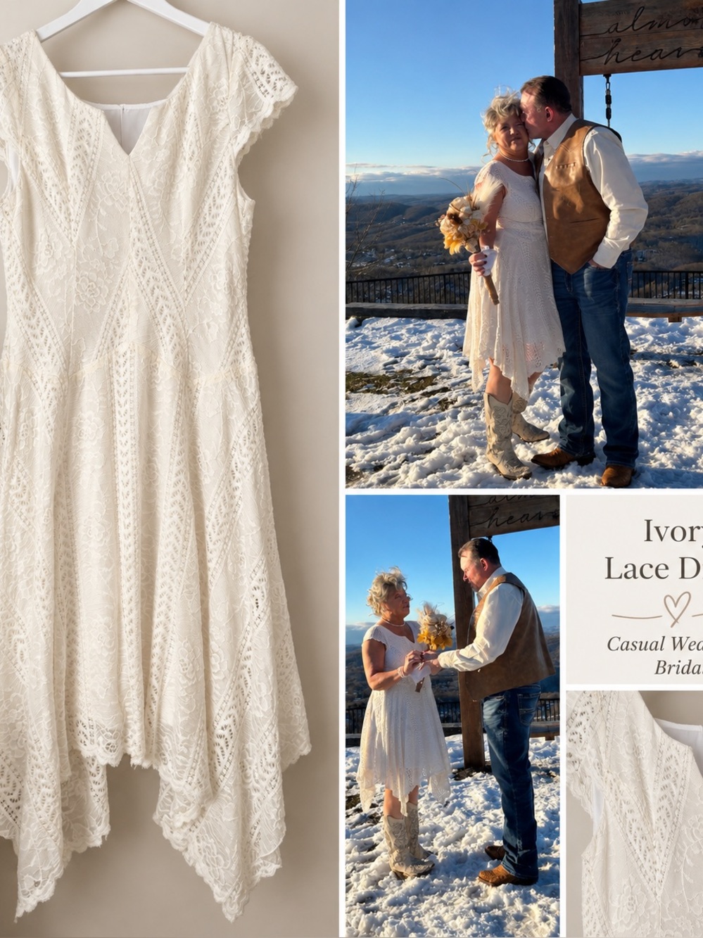 Ivory Lace Casual Wedding Dress Boho Bridal V-Neck Romantic Size 10